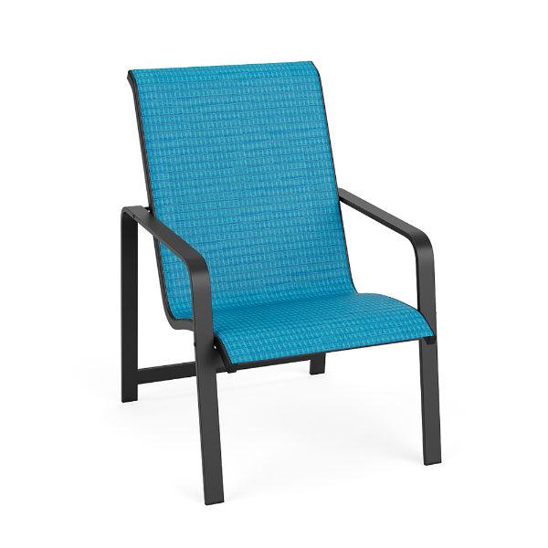 Horizon stackable aluminum sling patio dining chair with Starlight Black frame and Braque Blue sling seat and back