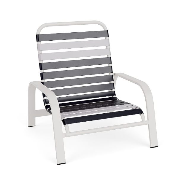 Horizon stackable strap commercial patio sand chair with white aluminum frame and alternating navy and white vinyl straps