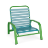 Horizon stackable strap commercial patio sand chair with lime green aluminum frame and turquoise vinyl strap seat and back