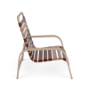 Side view of Horizon stackable strap commercial patio sand chair with Textured Antique Beige frame and Camel and Terracotta vinyl straps