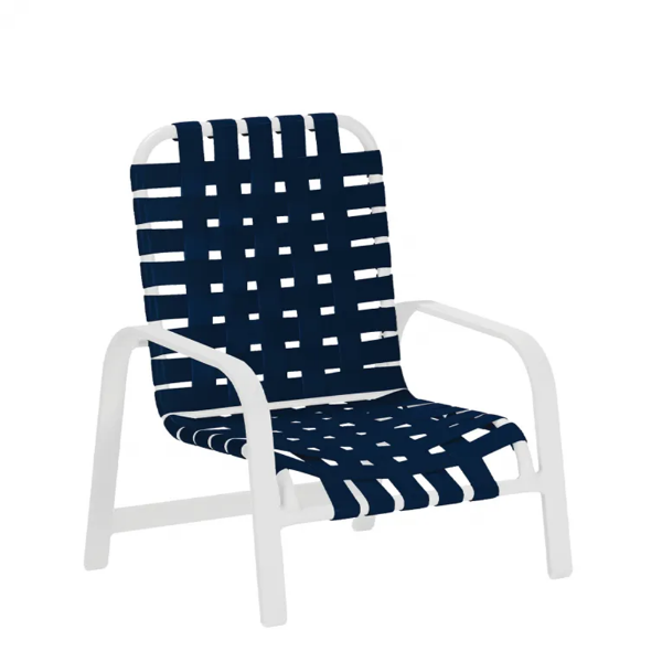 Horizon stackable cross-weave commercial patio sand chair with white aluminum frame and navy woven vinyl straps