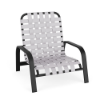 Horizon stackable cross-weave commercial patio sand chair with Textured Charcoal aluminum frame and White woven vinyl straps