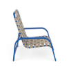 Side view of Horizon stackable cross-weave commercial patio sand chair with Marina aluminum frame and Putty woven vinyl straps