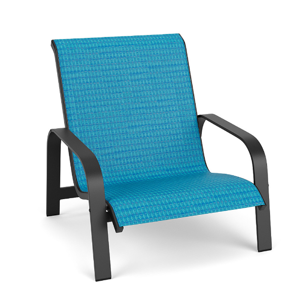 Horizon stackable commercial sling patio sand chair with Starlight Black aluminum frame and Braque Blue sling seat and back