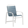 Horizon strap commercial patio dining chair with white aluminum frame and gray vinyl strap seat and back