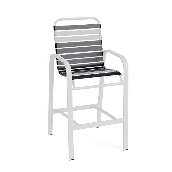 Horizon strap commercial patio bar chair with white aluminum frame and alternating navy and white vinyl straps