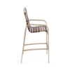 Side view of Horizon strap commercial patio bar chair with Textured Antique Beige frame and Camel and Terracotta vinyl straps