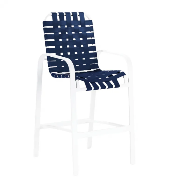 Horizon cross-weave commercial patio bar chair with white aluminum frame and Navy woven vinyl straps