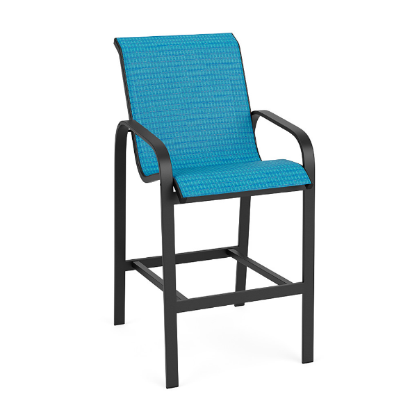 Horizon sling commercial patio bar chair with Starlight Black aluminum frame and Braque Blue sling seat and back