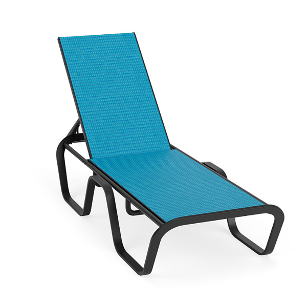 Horizon stackable aluminum sling chaise lounge with Starlight Black frame, Braque Blue sling, and adjustable reclining back