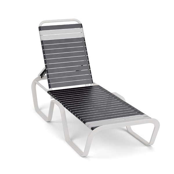 Horizon stackable aluminum vinyl strap chaise lounge with white frame, navy and white vinyl straps, and adjustable reclining back