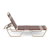 Side view of Horizon stackable aluminum vinyl strap chaise lounge with Textured Antique Beige frame and Camel and Terracotta vinyl straps