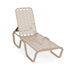 Horizon stackable aluminum cross-weave chaise lounge with Textured Antique Beige frame, Off White woven vinyl straps, and adjustable reclining back
