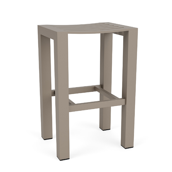 Skyline backless commercial patio bar stool in Satin Amber with contoured slatted seat, square legs, and built-in footrest