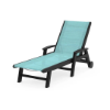 Polywood Coastal sling chaise with wheels featuring a black frame, Aquamarine sling seat and back, adjustable backrest, and armrests