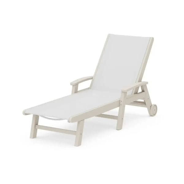 Polywood Coastal sling chaise with wheels featuring a Sand frame, White sling seat and back, adjustable backrest, and armrests
