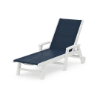 Polywood Coastal sling chaise with wheels featuring a white frame, navy sling seat and back, adjustable backrest, and armrests