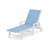 Polywood Coastal sling chaise with wheels featuring a white frame, Poolside sling seat and back, adjustable backrest, and armrests