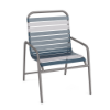 Sundance vinyl strap commercial patio dining chair with Titanium Gray aluminum frame and Dusty Blue vinyl straps with white accents