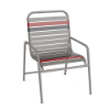 Sundance vinyl strap commercial patio dining chair with Platinum Gray aluminum frame and gray vinyl straps with Red Granite accents