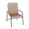 Sundance Cross Weave commercial patio dining chair with textured espresso aluminum frame and camel woven vinyl straps