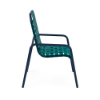 Side view of Sundance Cross Weave commercial patio dining chair with deep blue metallic aluminum frame and teal woven vinyl straps