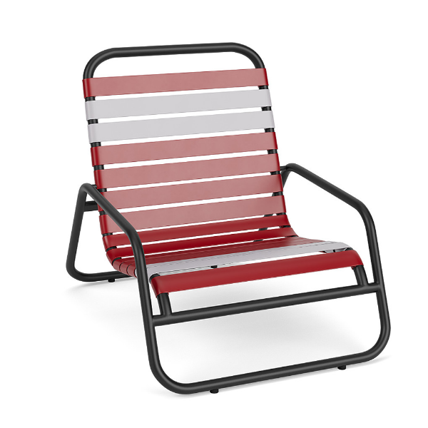 Sundance stackable vinyl strap commercial patio sand chair with Starlight Black aluminum frame and red and white vinyl straps