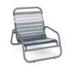 Sundance stackable vinyl strap commercial patio sand chair with Titanium Gray aluminum frame and Dusty Blue and white vinyl straps