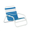 Sundance stackable vinyl strap commercial patio sand chair with white aluminum frame and alternating blue and white vinyl straps
