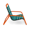 Side view of Sundance stackable vinyl strap commercial patio sand chair with Orange Burst aluminum frame and teal vinyl straps
