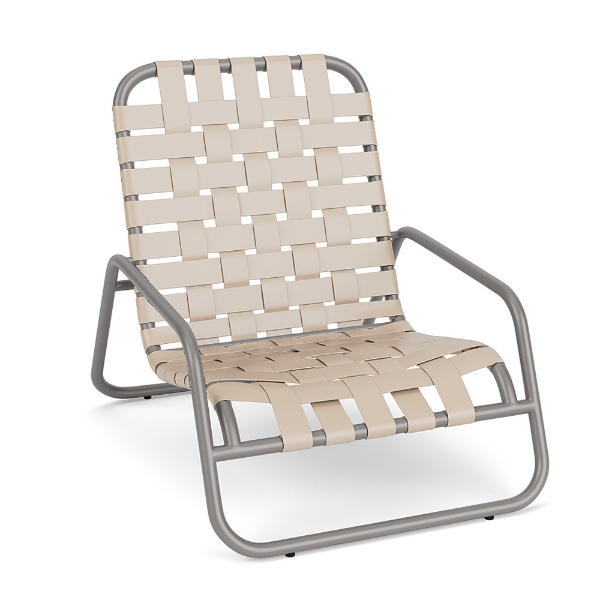 Sundance stackable cross-weave commercial patio sand chair with Platinum aluminum frame and Off White woven vinyl straps