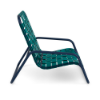 Side view of Sundance stackable cross-weave commercial patio sand chair with Deep Blue Metallic aluminum frame and Teal woven vinyl straps