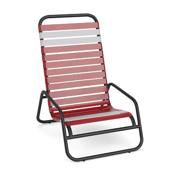 Sundance high-back vinyl strap commercial patio sand chair with Starlight Black aluminum frame and Red and White vinyl straps