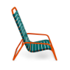 Side view of Sundance high-back vinyl strap commercial patio sand chair with Orange Burst aluminum frame and Teal vinyl straps