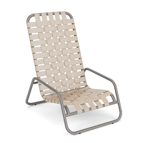 Sundance high-back cross-weave commercial patio sand chair with Platinum aluminum frame and Off White woven vinyl straps