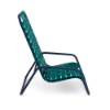 Side view of Sundance high-back cross-weave commercial patio sand chair with Deep Blue Metallic aluminum frame and Teal woven vinyl straps