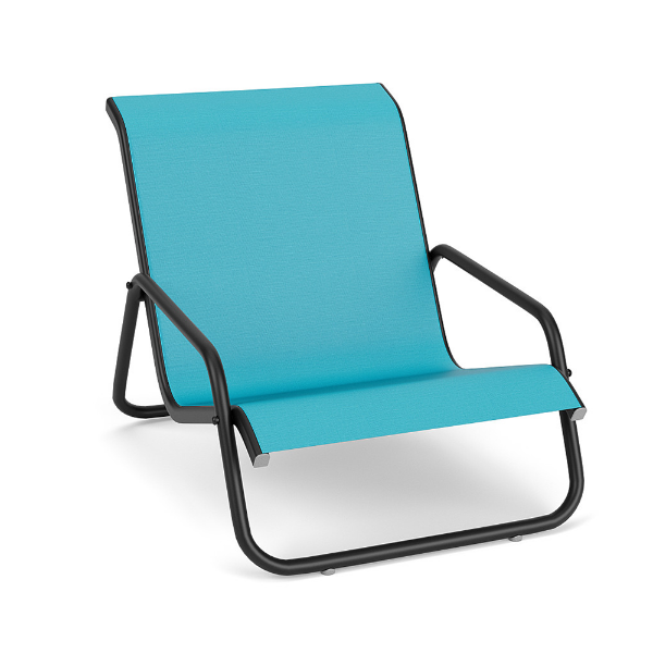 Sundance stackable sling commercial patio sand chair with Starlight Black aluminum frame and bright Aruba sling seat and back
