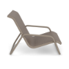 Side view of Sundance stackable sling commercial patio sand chair with Satin Amber aluminum frame and Sisal Tungsten sling seat and back