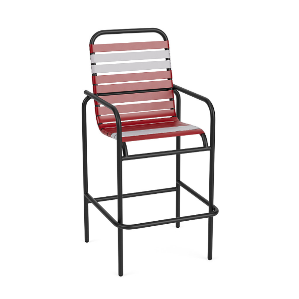 Sundance vinyl strap commercial patio bar chair with Starlight Black aluminum frame and red and white vinyl strap accents