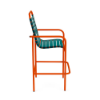 Side view of Sundance vinyl strap commercial patio bar chair with Orange Burst aluminum frame and Teal vinyl strap seat and back