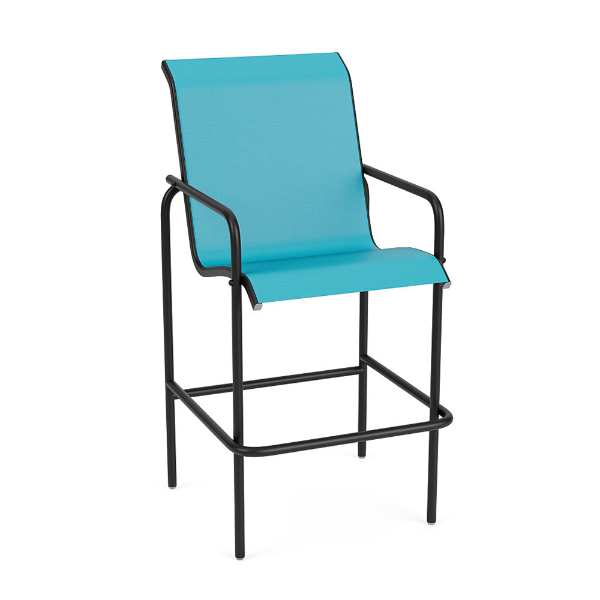 Sundance sling commercial patio bar chair with Starlight Black aluminum frame and Aruba turquoise sling seat and back