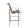 Side view of Sundance sling commercial patio bar chair with Satin Amber aluminum frame and Sisal Tungsten neutral woven sling