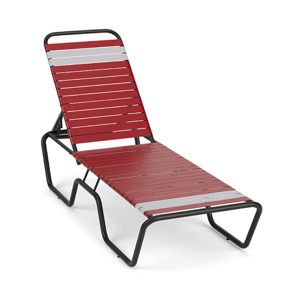 Sundance stackable aluminum vinyl strap chaise lounge with Starlight Black frame and Red and White vinyl straps