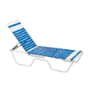 Sundance stackable aluminum vinyl strap chaise lounge with white frame and blue and white vinyl straps