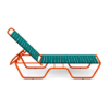 Side view of Sundance stackable aluminum vinyl strap chaise lounge with Orange Burst frame and Teal vinyl straps