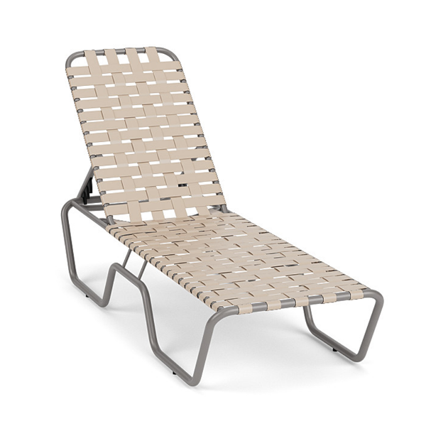 Sundance stackable aluminum cross-weave chaise lounge with platinum frame, off-white woven vinyl straps, and adjustable reclining back