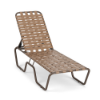 Sundance stackable aluminum cross-weave chaise lounge with textured espresso frame, camel woven vinyl straps, and adjustable reclining back