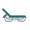Side view of Sundance stackable aluminum cross-weave chaise lounge with deep blue frame, teal woven vinyl straps, and adjustable back