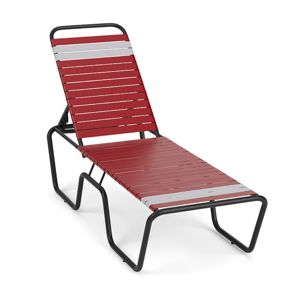 Sundance ADA accessible stackable vinyl strap chaise lounge with Starlight Black frame and red and white vinyl straps