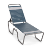 Sundance ADA accessible stackable vinyl strap chaise lounge with Titanium Gray frame and Dusty Blue and white vinyl straps